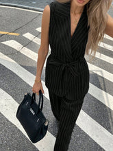 2Pcs/Set Women Casual Striped Print Peak Collar Belted Vest Top And Loose Straight Leg Pants